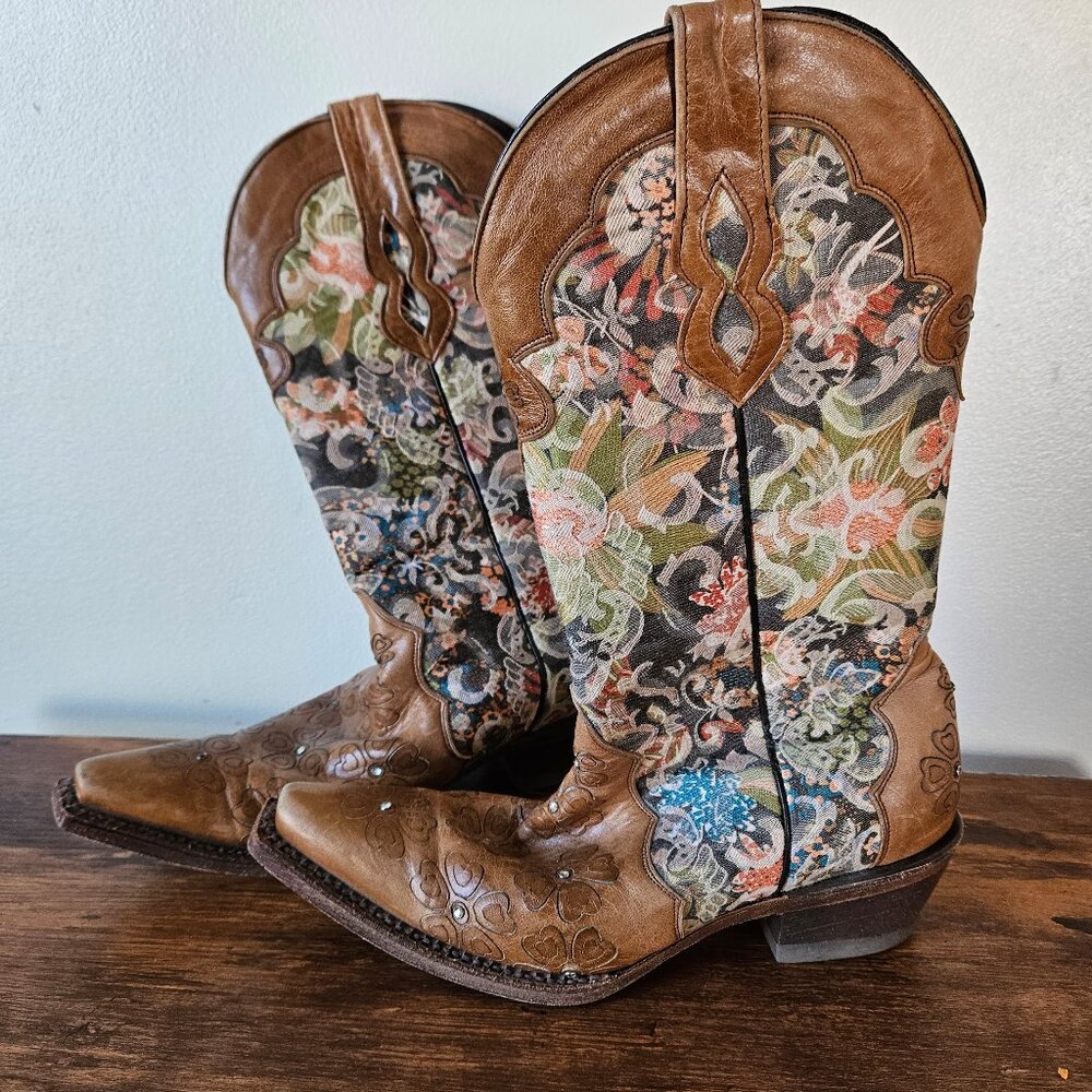 Vintage Pecos Bill Y2K Floral Tapestry Brown Leather Western Boots Snip Toe 6.5M